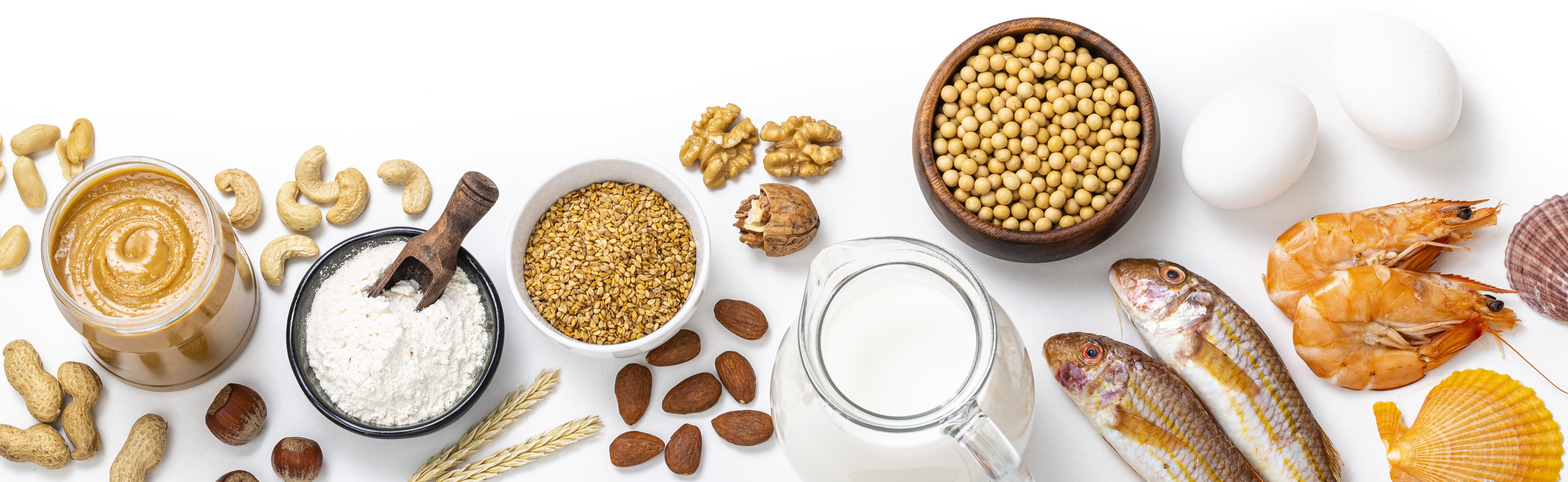 Common food allergens including nuts, grains, milk, eggs, fish, and shellfish