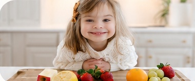 A smiling child with fruit on a cutting board